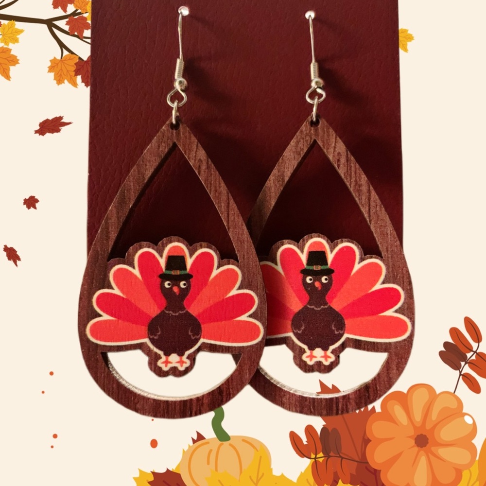 LAST ONE! Whimsical Thanksgiving Turkey Wooden Drop Earrings